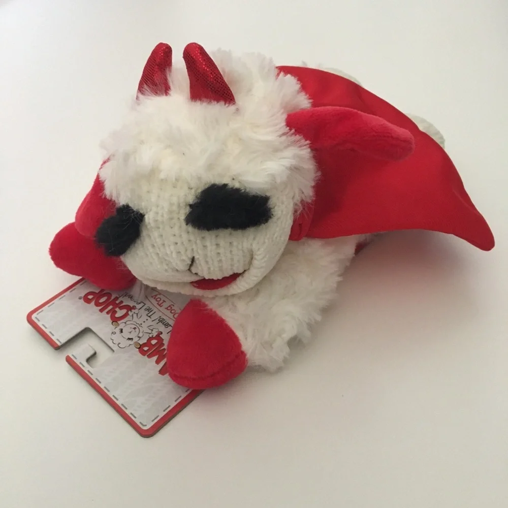Dog Toy 8” Lamb Chop Plush Red and White with Red Cape and Horns Halloween Theme